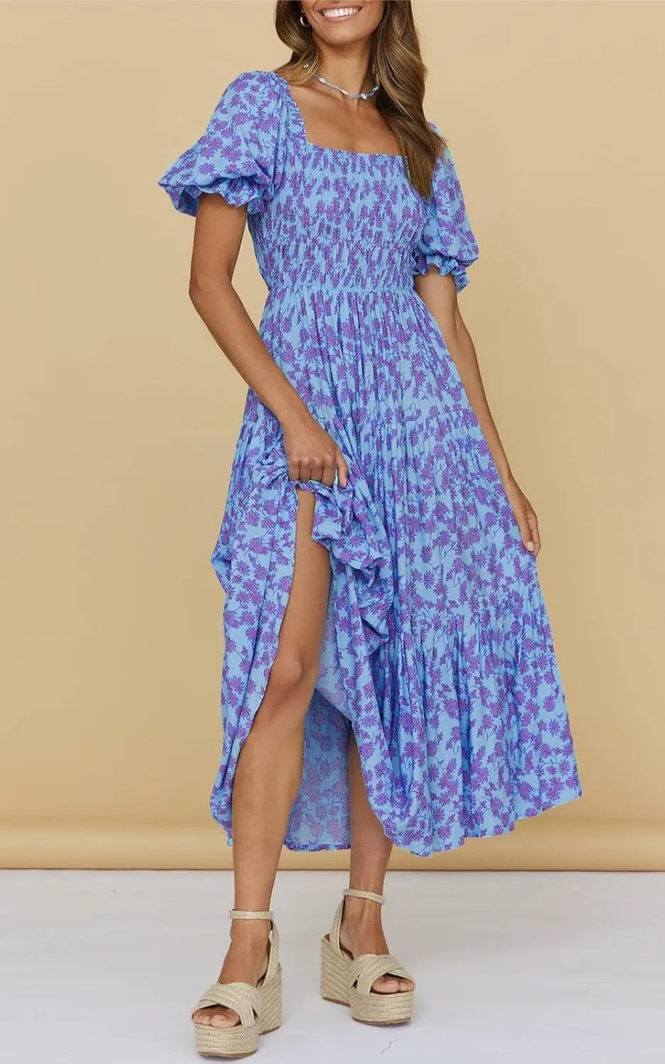 PRETTYGARDEN Women's Boho Floral Print Summer Dresses Square Neck Puff Sleeve A Line Long Dress Smocked Casual Maxi Dress
