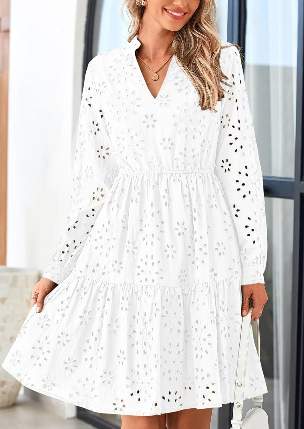 PRETTYGARDEN Women's Long Sleeve Spring Dress 2025 Casual Fall V Neck A Line Hollow Out Eyelet Wedding Guest Short Dresses