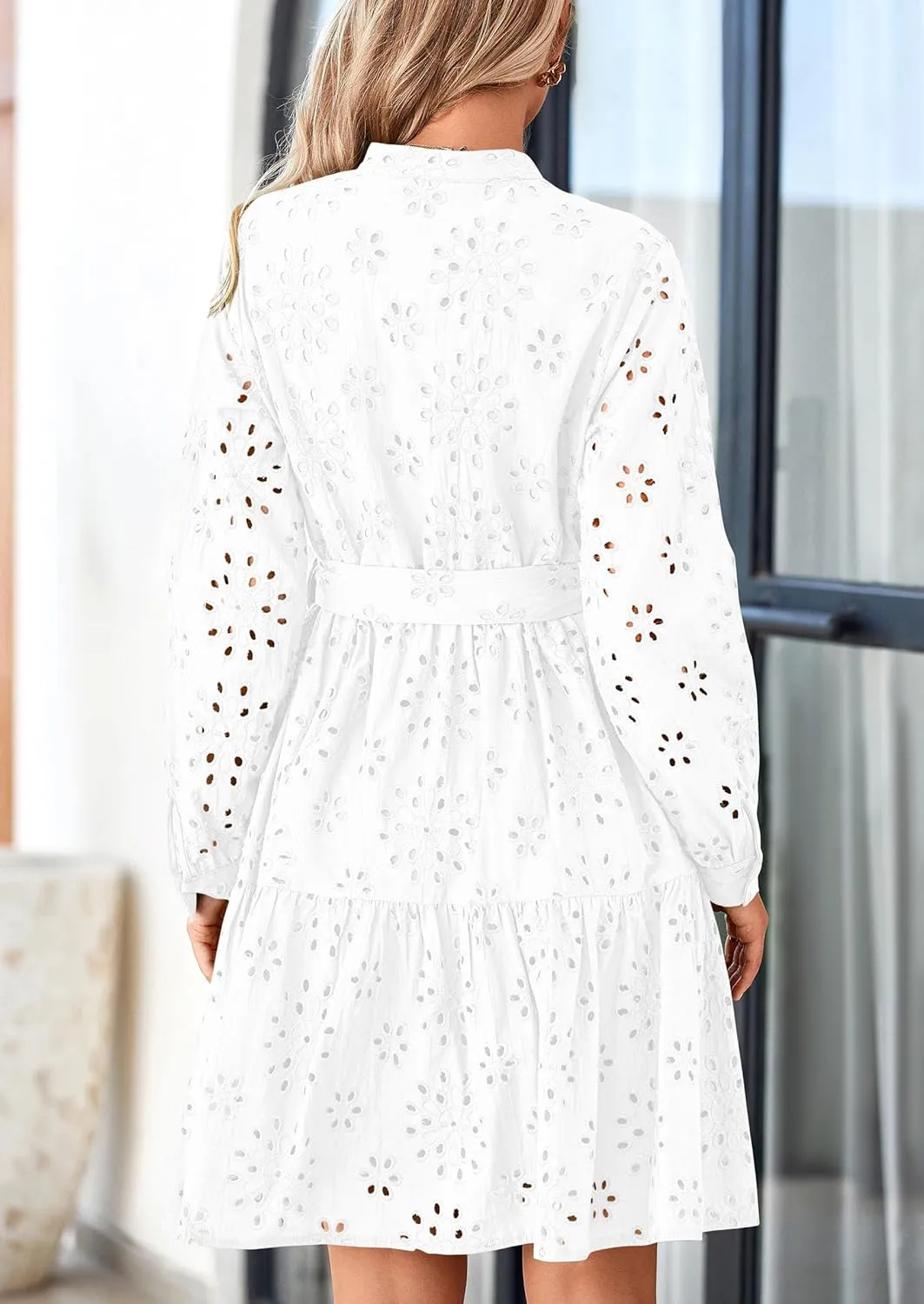 PRETTYGARDEN Women's Long Sleeve Spring Dress 2025 Casual Fall V Neck A Line Hollow Out Eyelet Wedding Guest Short Dresses