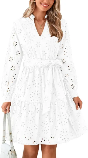 PRETTYGARDEN Women's Long Sleeve Spring Dress 2025 Casual Fall V Neck A Line Hollow Out Eyelet Wedding Guest Short Dresses
