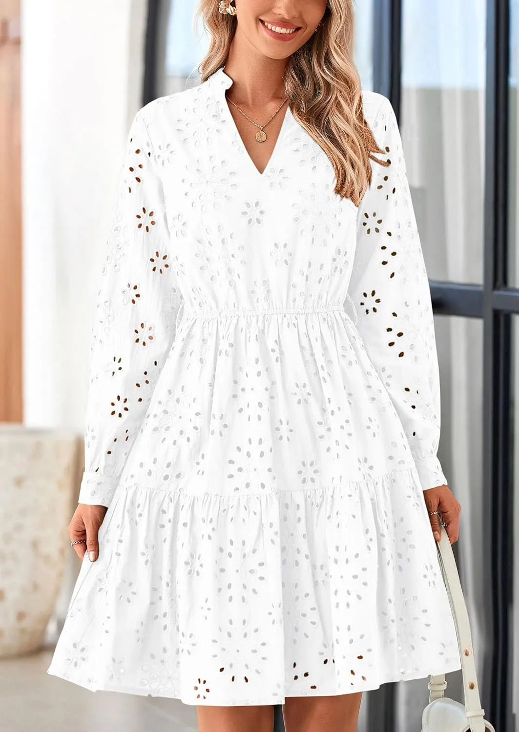 PRETTYGARDEN Women's Long Sleeve Spring Dress 2025 Casual Fall V Neck A Line Hollow Out Eyelet Wedding Guest Short Dresses