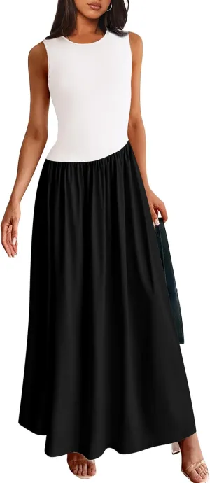 PRETTYGARDEN Women's Maxi Sundress Casual Summer 2025 Sleeveless Asymmetrical Drop Waist Patchwork Long Flowy Tank Dresses