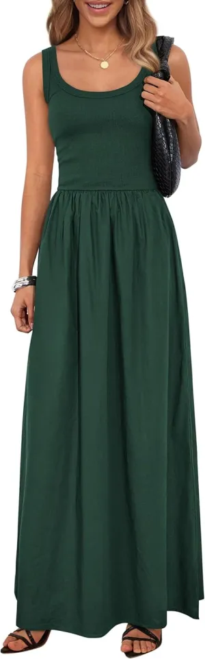 PRETTYGARDEN Womens Summer Casual Scoop Neck Sleeveless Long Dresses Tank Top Patchwork Aline Swing Maxi Dress with Pockets