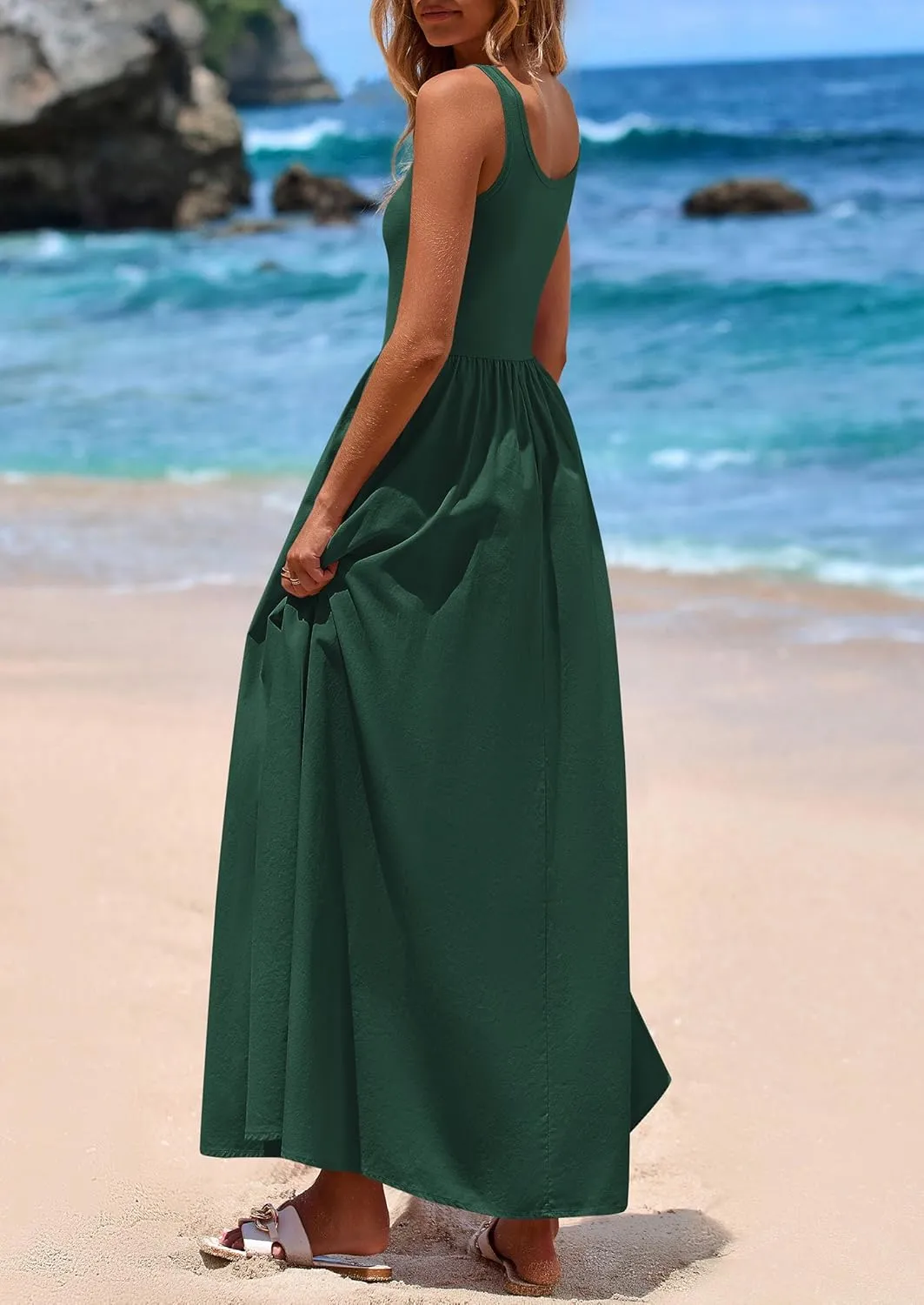 PRETTYGARDEN Womens Summer Casual Scoop Neck Sleeveless Long Dresses Tank Top Patchwork Aline Swing Maxi Dress with Pockets