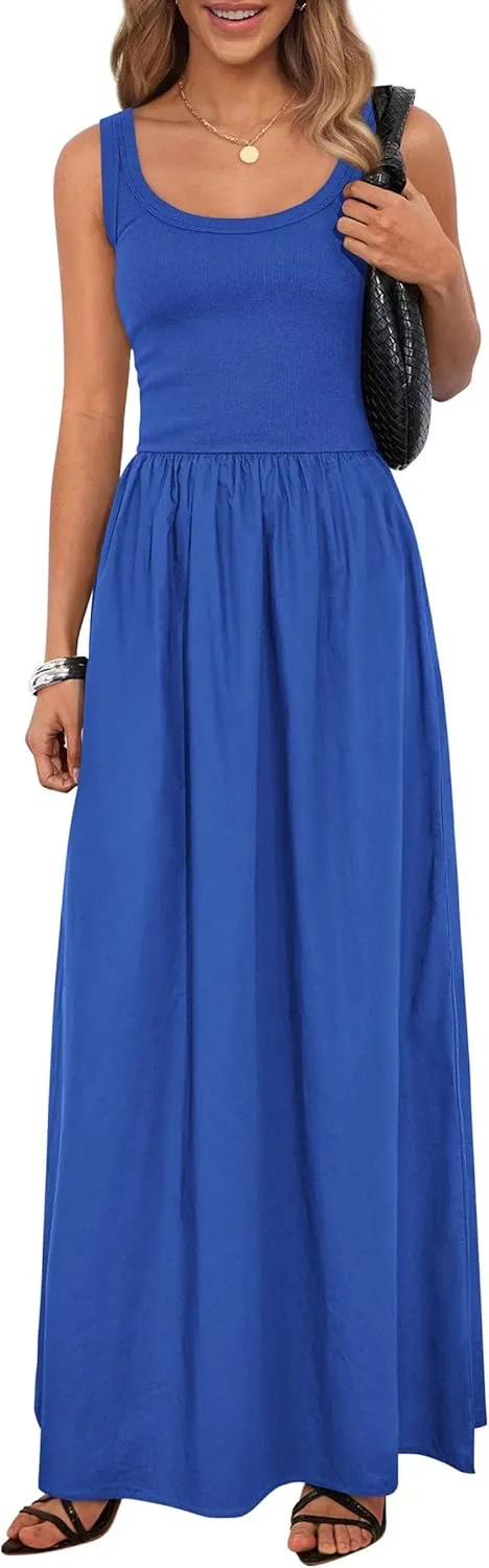 PRETTYGARDEN Womens Summer Casual Scoop Neck Sleeveless Long Dresses Tank Top Patchwork Aline Swing Maxi Dress with Pockets