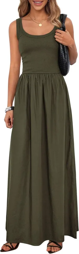 PRETTYGARDEN Womens Summer Casual Scoop Neck Sleeveless Long Dresses Tank Top Patchwork Aline Swing Maxi Dress with Pockets