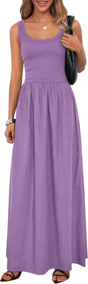 PRETTYGARDEN Womens Summer Casual Scoop Neck Sleeveless Long Dresses Tank Top Patchwork Aline Swing Maxi Dress with Pockets
