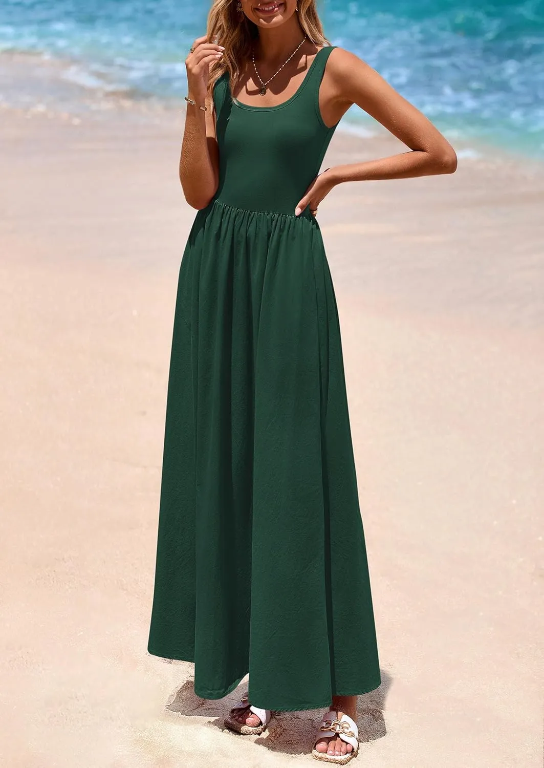 PRETTYGARDEN Womens Summer Casual Scoop Neck Sleeveless Long Dresses Tank Top Patchwork Aline Swing Maxi Dress with Pockets