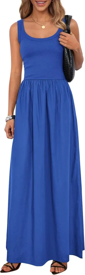 PRETTYGARDEN Womens Summer Casual Scoop Neck Sleeveless Long Dresses Tank Top Patchwork Aline Swing Maxi Dress with Pockets