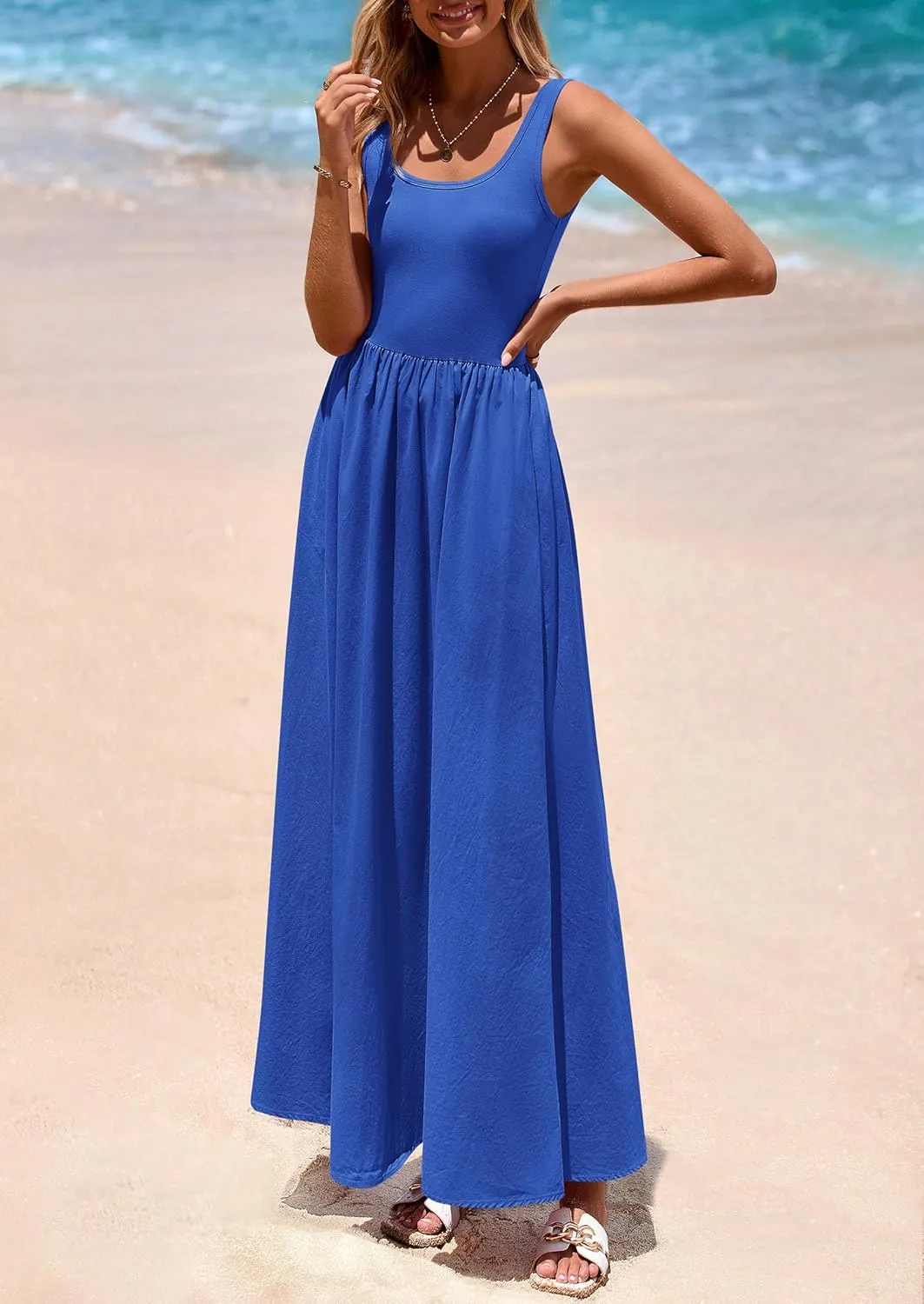 PRETTYGARDEN Womens Summer Casual Scoop Neck Sleeveless Long Dresses Tank Top Patchwork Aline Swing Maxi Dress with Pockets