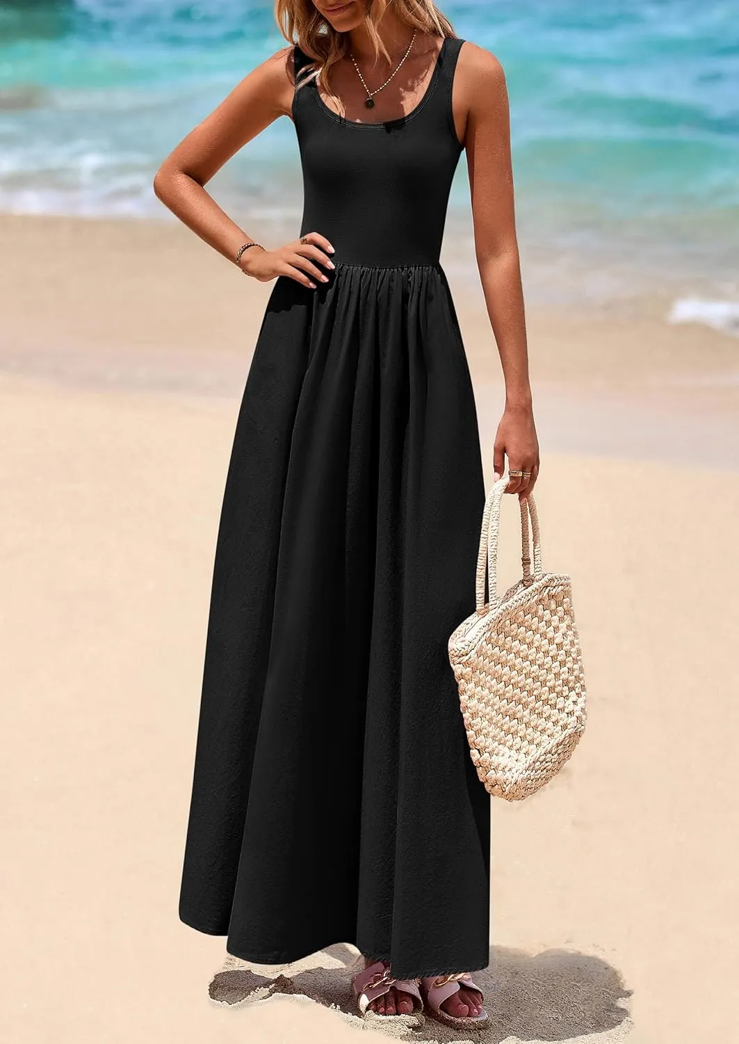 PRETTYGARDEN Womens Summer Casual Scoop Neck Sleeveless Long Dresses Tank Top Patchwork Aline Swing Maxi Dress with Pockets