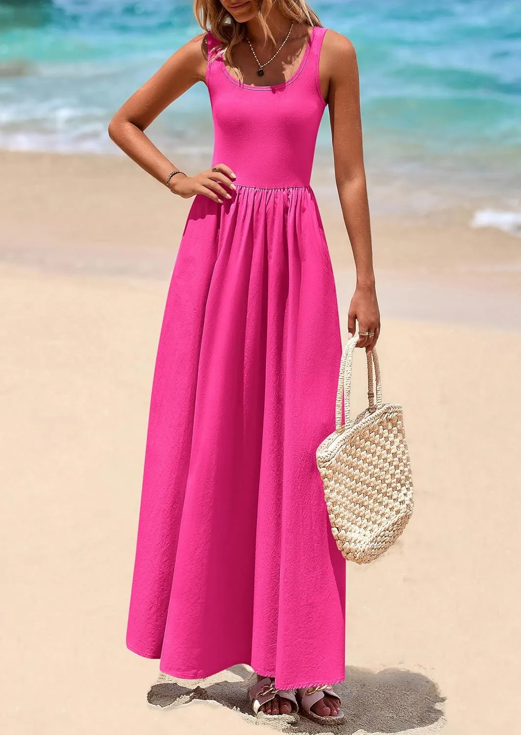 PRETTYGARDEN Womens Summer Casual Scoop Neck Sleeveless Long Dresses Tank Top Patchwork Aline Swing Maxi Dress with Pockets