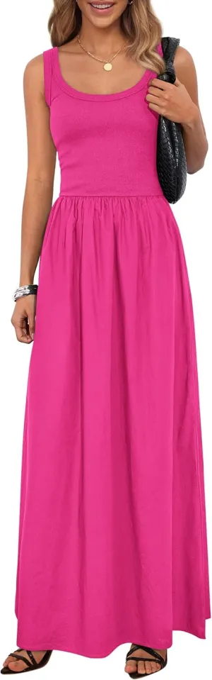 PRETTYGARDEN Womens Summer Casual Scoop Neck Sleeveless Long Dresses Tank Top Patchwork Aline Swing Maxi Dress with Pockets