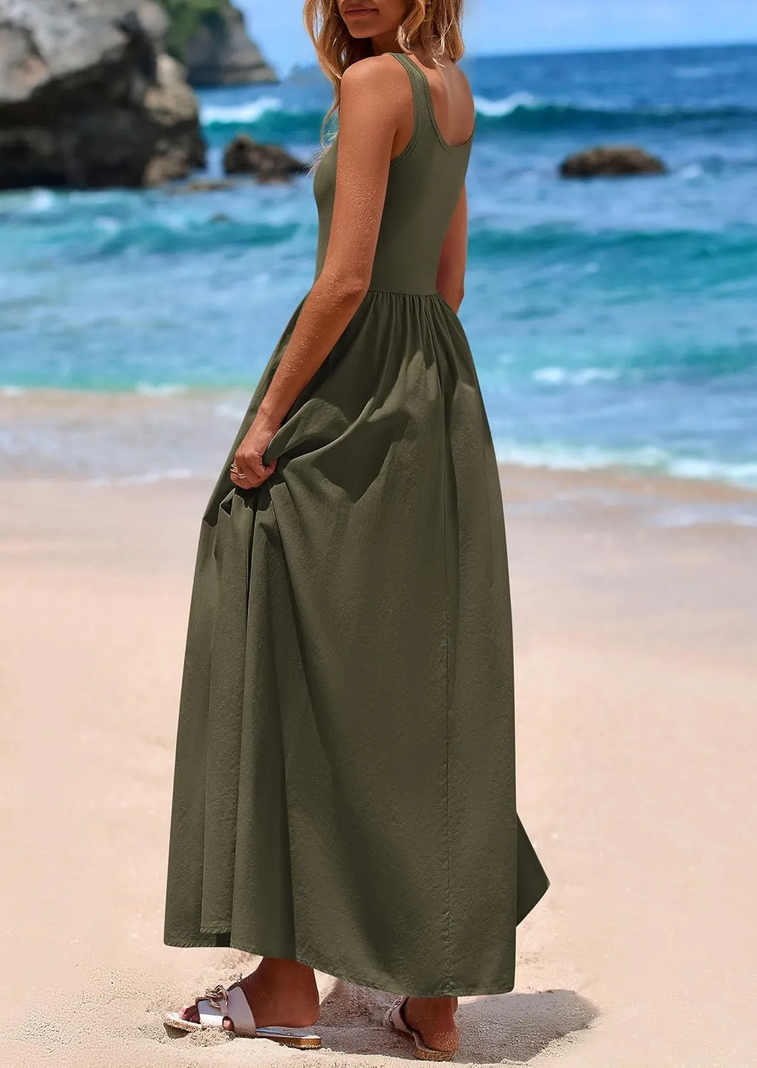 PRETTYGARDEN Womens Summer Casual Scoop Neck Sleeveless Long Dresses Tank Top Patchwork Aline Swing Maxi Dress with Pockets