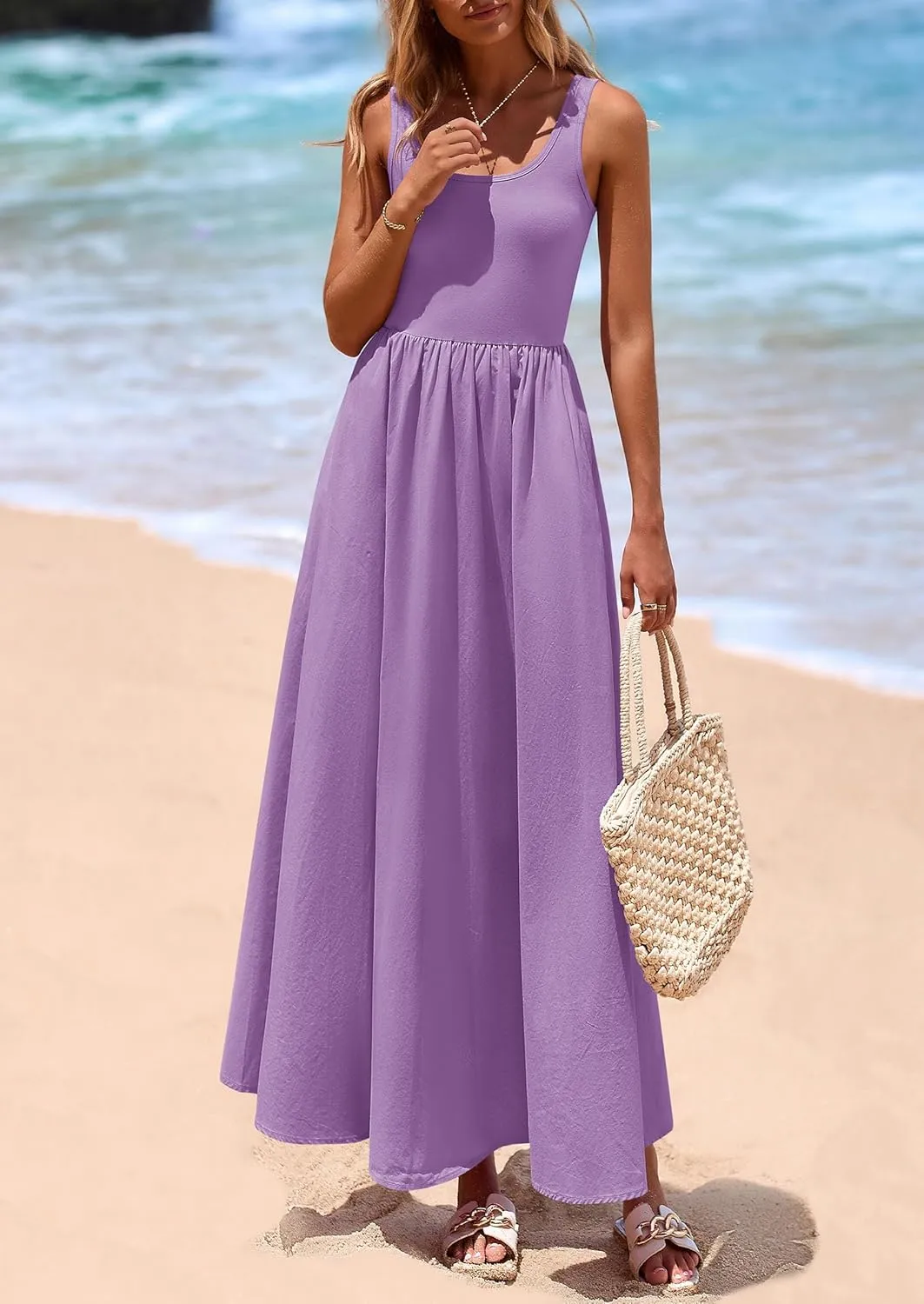 PRETTYGARDEN Womens Summer Casual Scoop Neck Sleeveless Long Dresses Tank Top Patchwork Aline Swing Maxi Dress with Pockets
