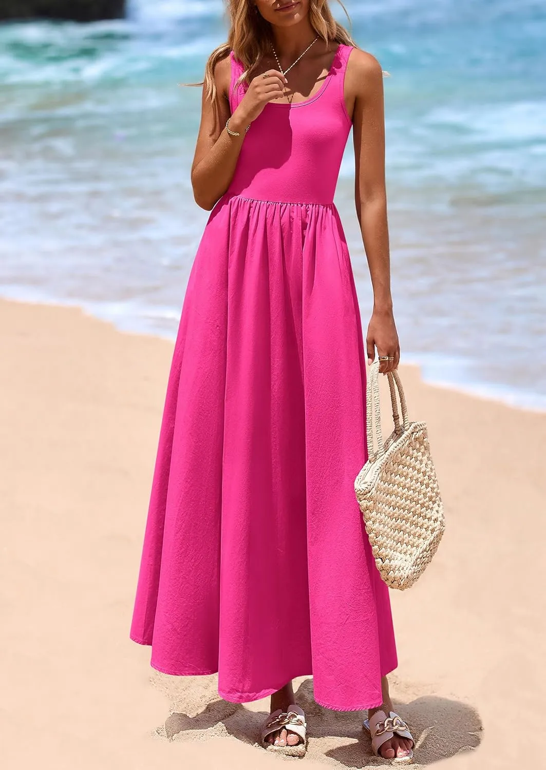 PRETTYGARDEN Womens Summer Casual Scoop Neck Sleeveless Long Dresses Tank Top Patchwork Aline Swing Maxi Dress with Pockets