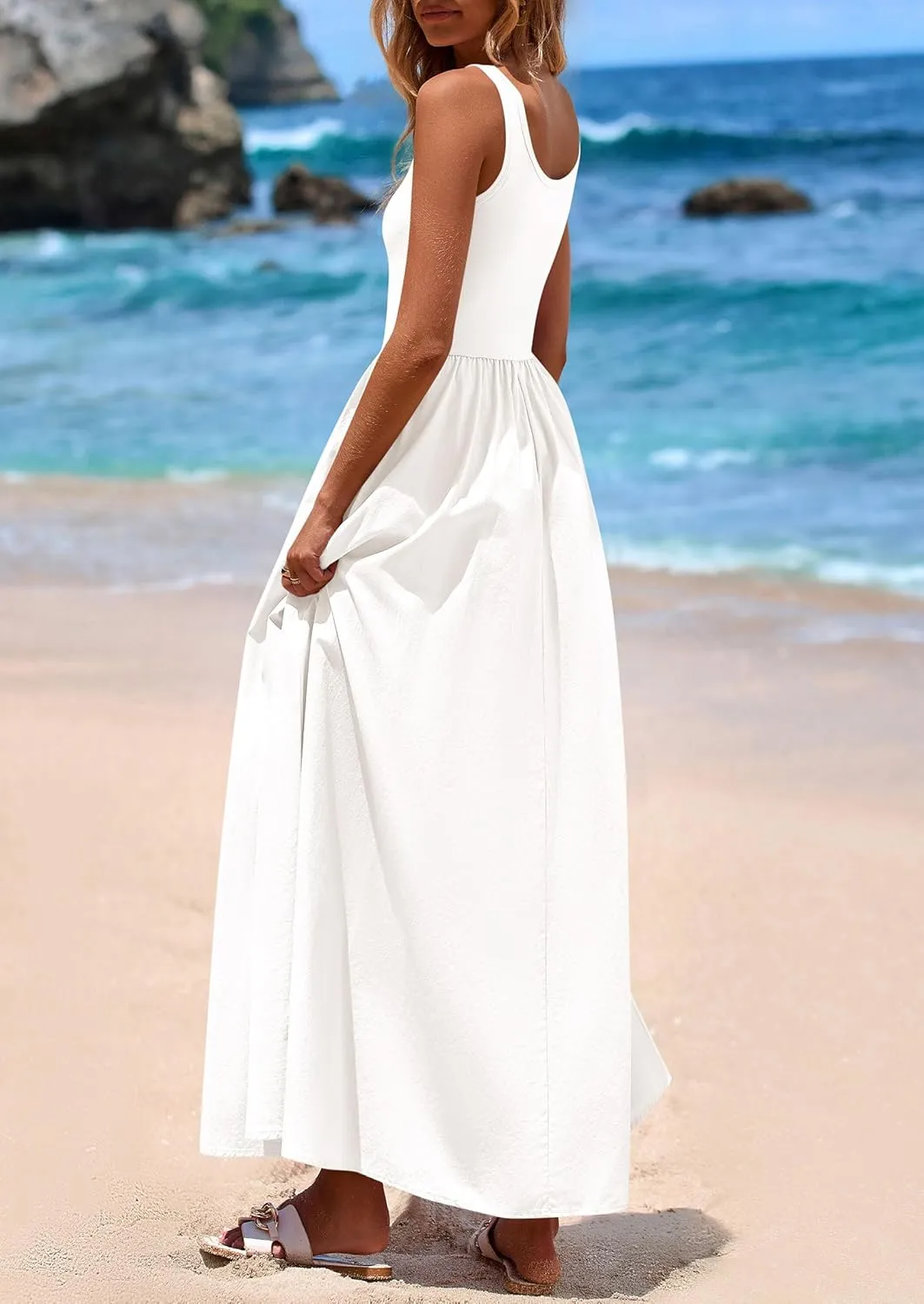 PRETTYGARDEN Womens Summer Casual Scoop Neck Sleeveless Long Dresses Tank Top Patchwork Aline Swing Maxi Dress with Pockets