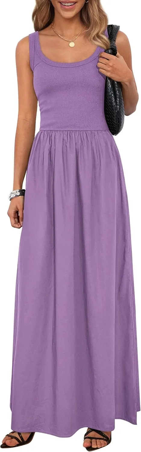 PRETTYGARDEN Womens Summer Casual Scoop Neck Sleeveless Long Dresses Tank Top Patchwork Aline Swing Maxi Dress with Pockets