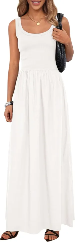 PRETTYGARDEN Womens Summer Casual Scoop Neck Sleeveless Long Dresses Tank Top Patchwork Aline Swing Maxi Dress with Pockets