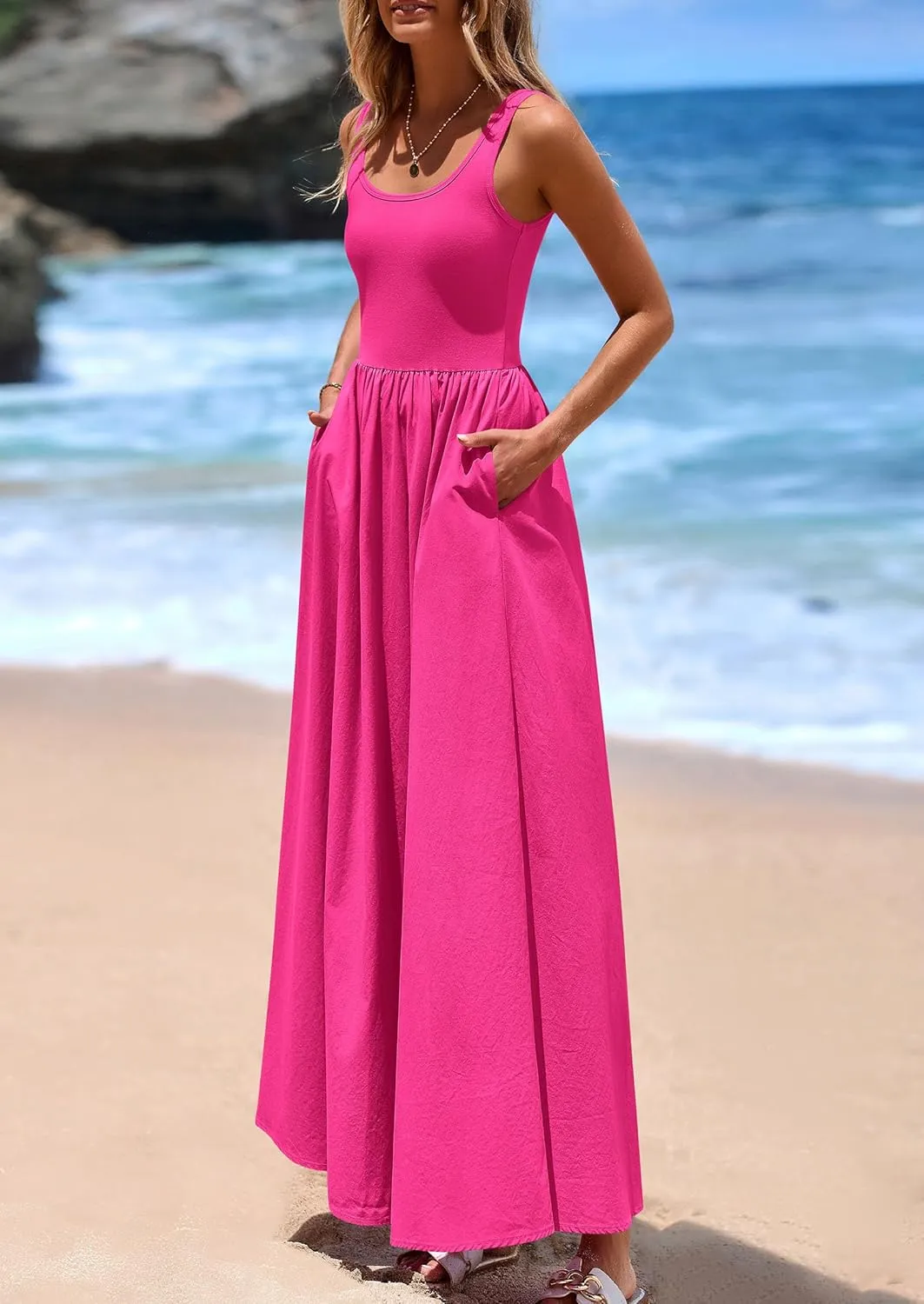 PRETTYGARDEN Womens Summer Casual Scoop Neck Sleeveless Long Dresses Tank Top Patchwork Aline Swing Maxi Dress with Pockets