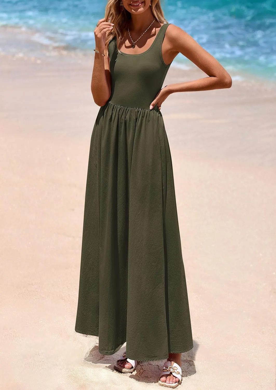 PRETTYGARDEN Womens Summer Casual Scoop Neck Sleeveless Long Dresses Tank Top Patchwork Aline Swing Maxi Dress with Pockets