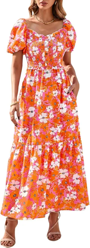 PRETTYGARDEN Womens Summer Dresses 2025 Casual Boho Floral Puff Short Sleeve Flowy Maxi Dress Smocked V Neck Sun Dresses