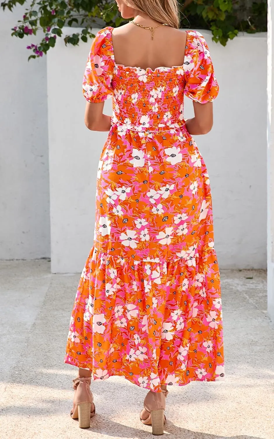 PRETTYGARDEN Womens Summer Dresses 2025 Casual Boho Floral Puff Short Sleeve Flowy Maxi Dress Smocked V Neck Sun Dresses