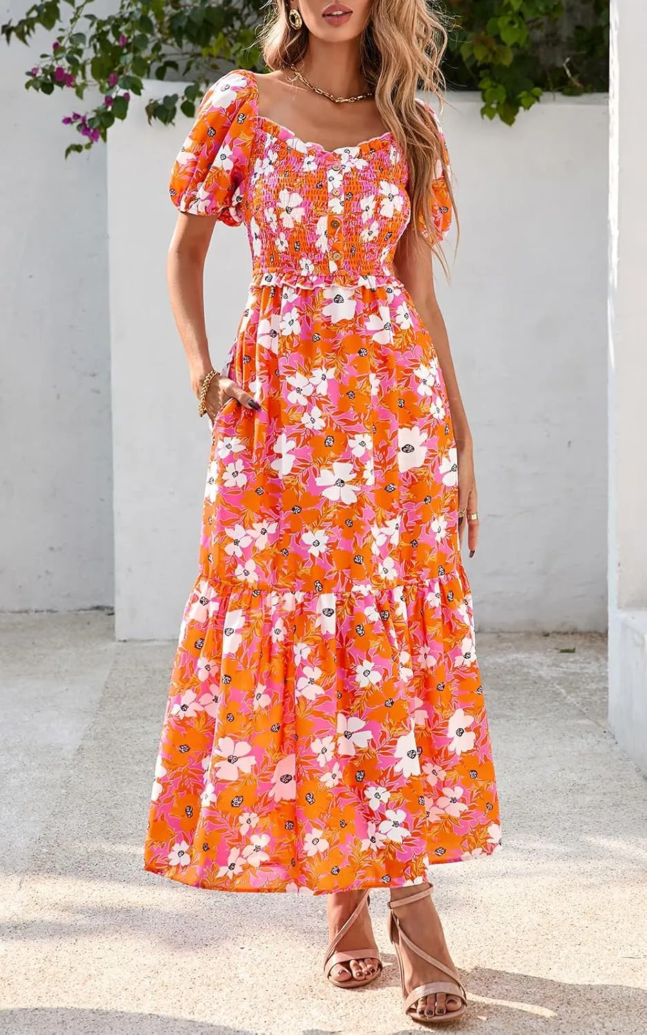 PRETTYGARDEN Womens Summer Dresses 2025 Casual Boho Floral Puff Short Sleeve Flowy Maxi Dress Smocked V Neck Sun Dresses