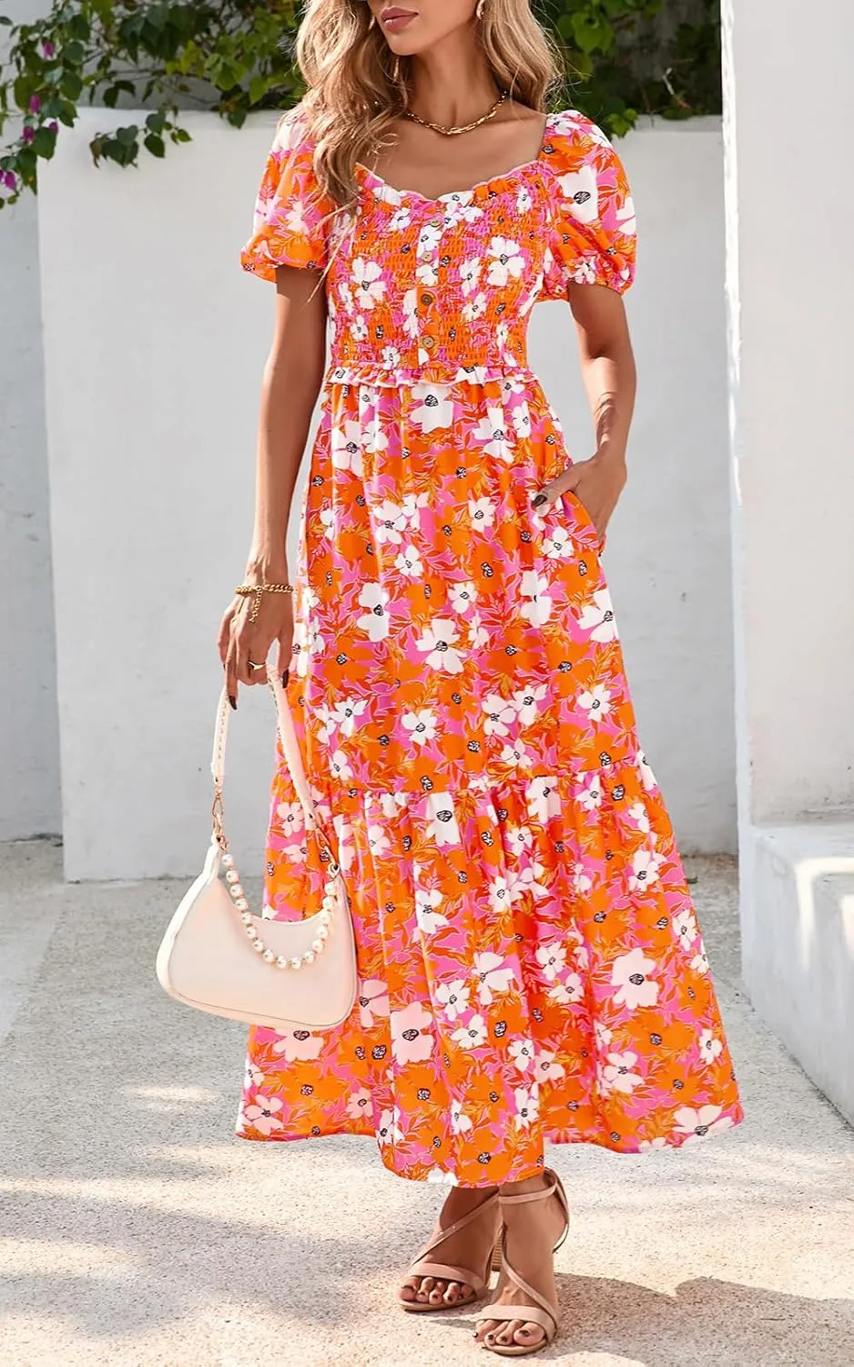 PRETTYGARDEN Womens Summer Dresses 2025 Casual Boho Floral Puff Short Sleeve Flowy Maxi Dress Smocked V Neck Sun Dresses