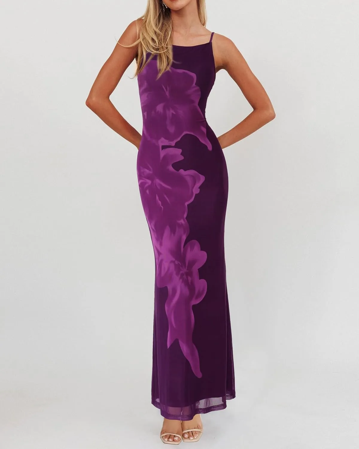 PRETTYGARDEN Womens Summer Dresses 2025 Elegant Spaghetti Straps Evening Gown Floral Print Bodycon Maxi Mesh Sundress