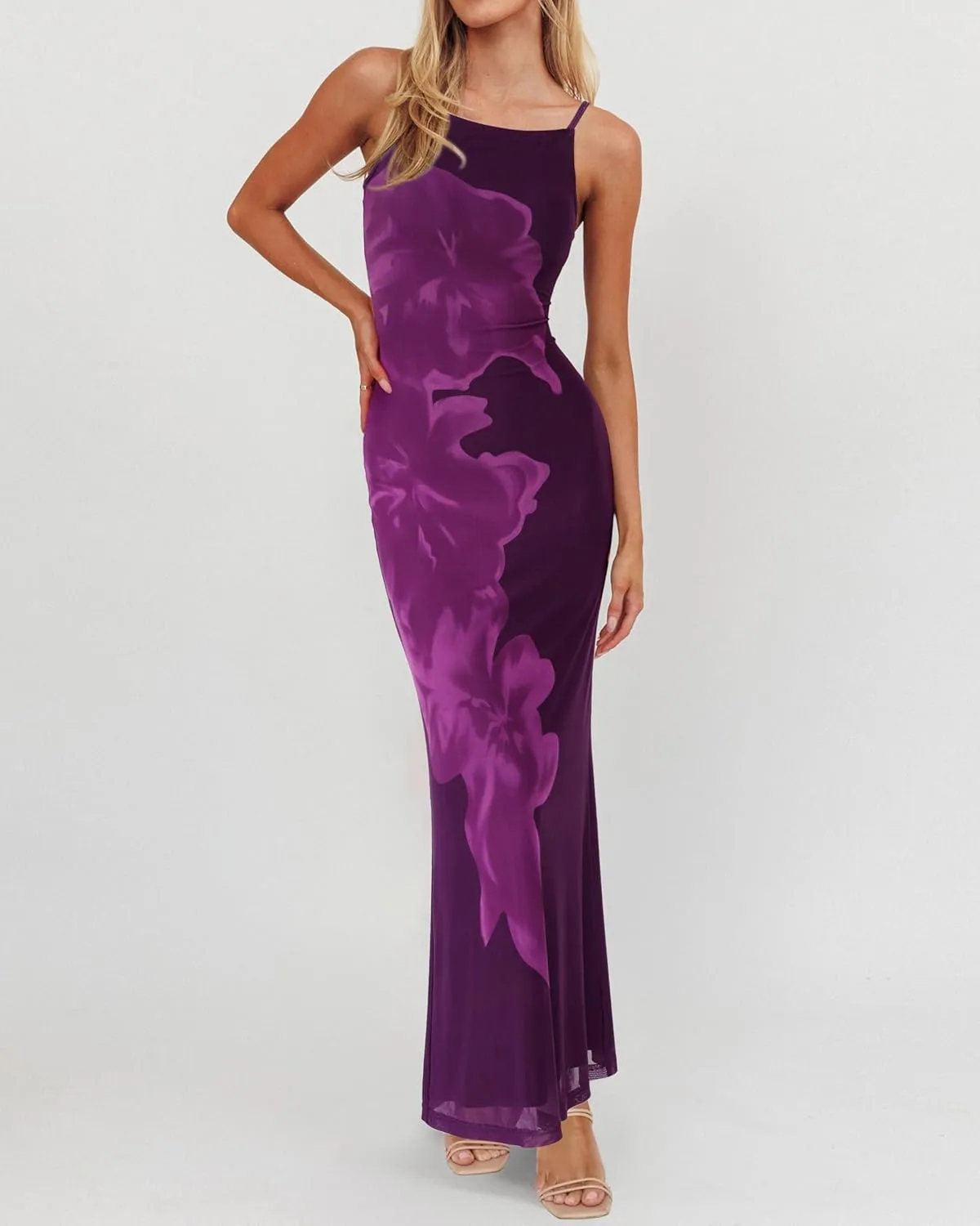 PRETTYGARDEN Womens Summer Dresses 2025 Elegant Spaghetti Straps Evening Gown Floral Print Bodycon Maxi Mesh Sundress