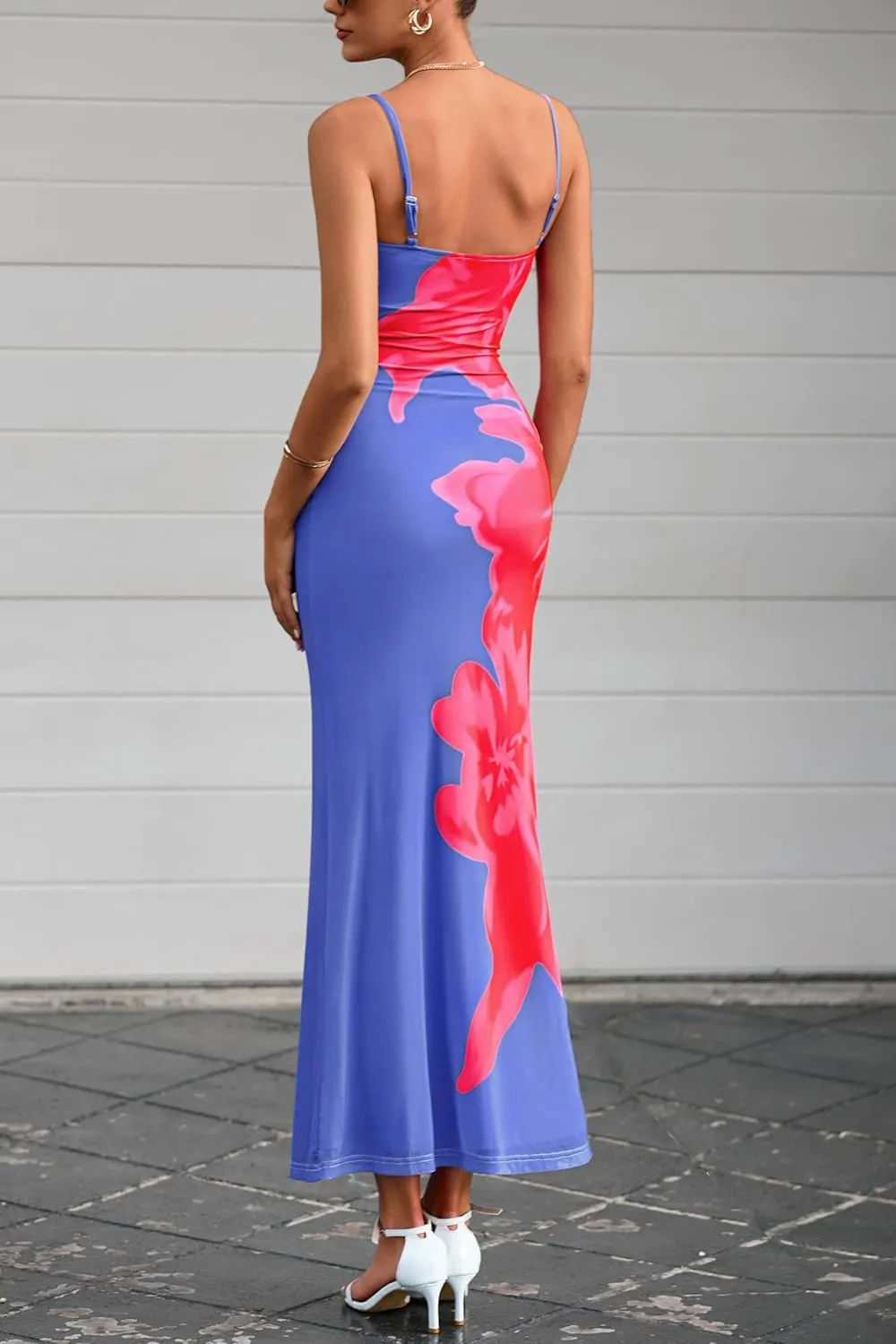 PRETTYGARDEN Womens Summer Dresses 2025 Elegant Spaghetti Straps Evening Gown Floral Print Bodycon Maxi Mesh Sundress