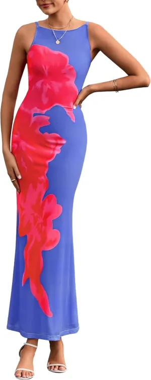 PRETTYGARDEN Womens Summer Dresses 2025 Elegant Spaghetti Straps Evening Gown Floral Print Bodycon Maxi Mesh Sundress