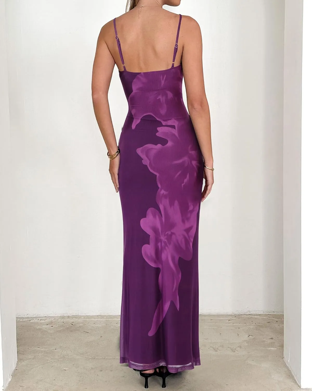 PRETTYGARDEN Womens Summer Dresses 2025 Elegant Spaghetti Straps Evening Gown Floral Print Bodycon Maxi Mesh Sundress