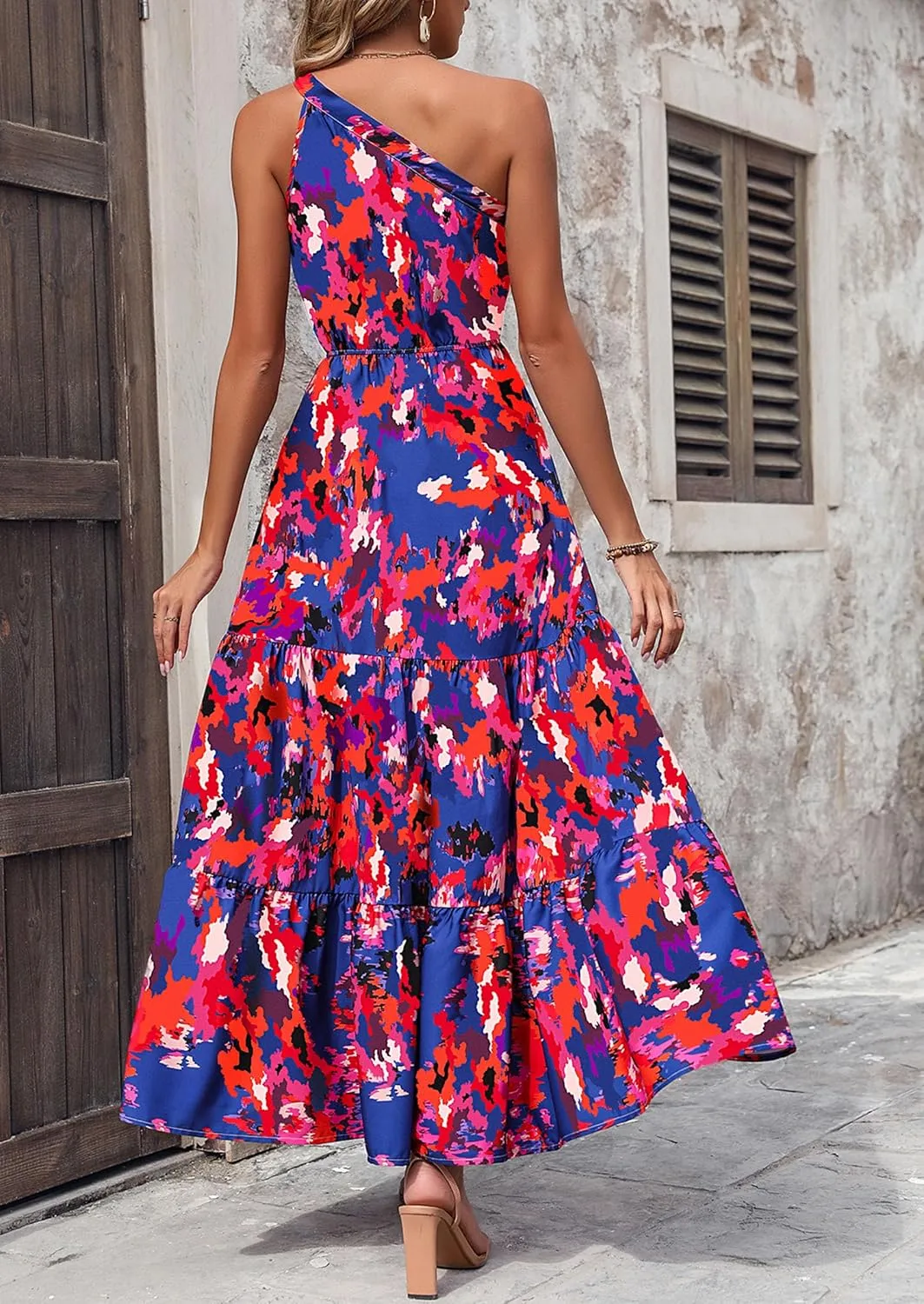 PRETTYGARDEN Women's Summer Floral One Shoulder Maxi Dress Knot Ruffle Boho Beach Vacation Wedding Guest Long Dresses