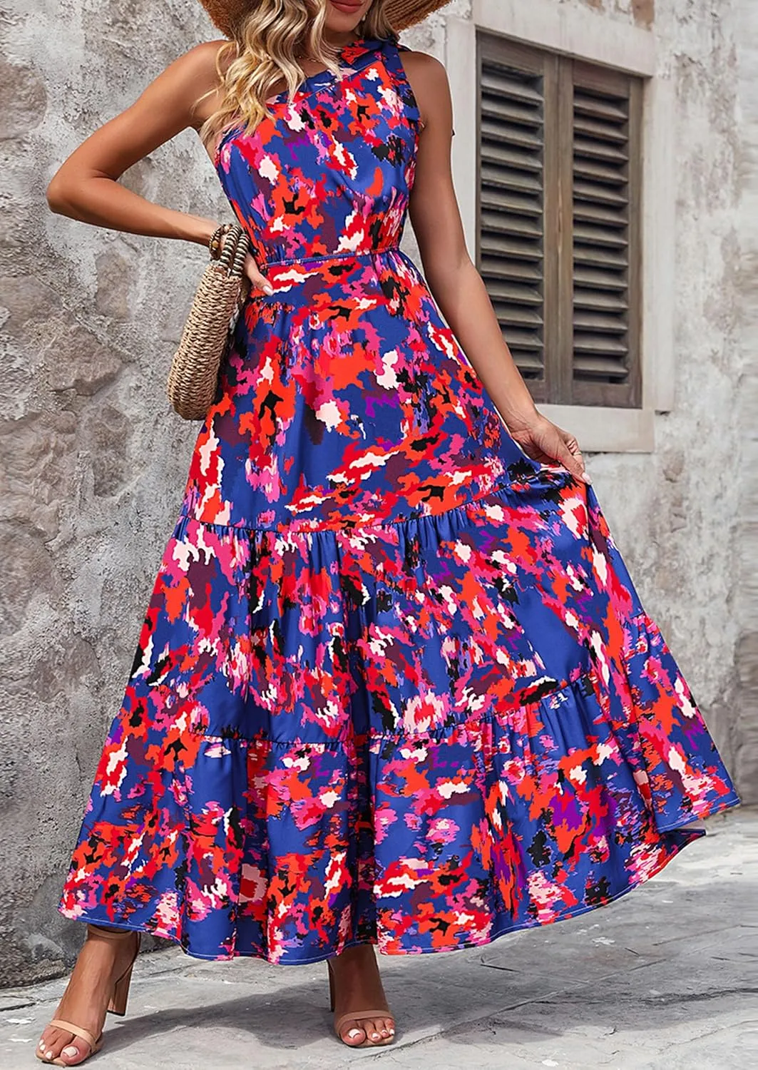 PRETTYGARDEN Women's Summer Floral One Shoulder Maxi Dress Knot Ruffle Boho Beach Vacation Wedding Guest Long Dresses