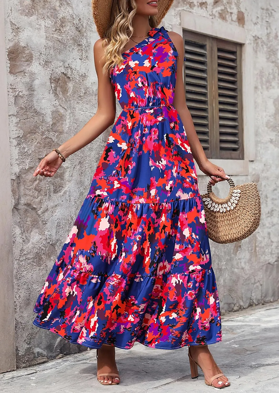 PRETTYGARDEN Women's Summer Floral One Shoulder Maxi Dress Knot Ruffle Boho Beach Vacation Wedding Guest Long Dresses