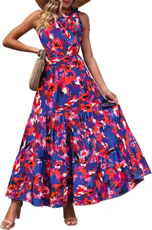 PRETTYGARDEN Women's Summer Floral One Shoulder Maxi Dress Knot Ruffle Boho Beach Vacation Wedding Guest Long Dresses