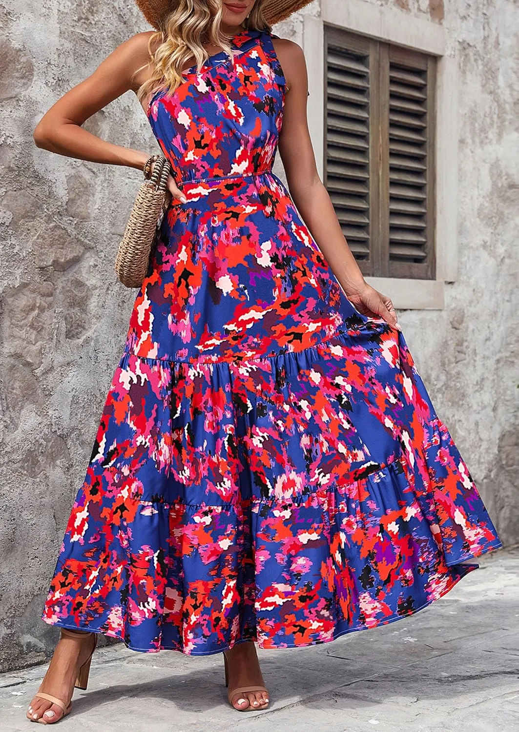 PRETTYGARDEN Women's Summer Floral One Shoulder Maxi Dress Knot Ruffle Boho Beach Vacation Wedding Guest Long Dresses
