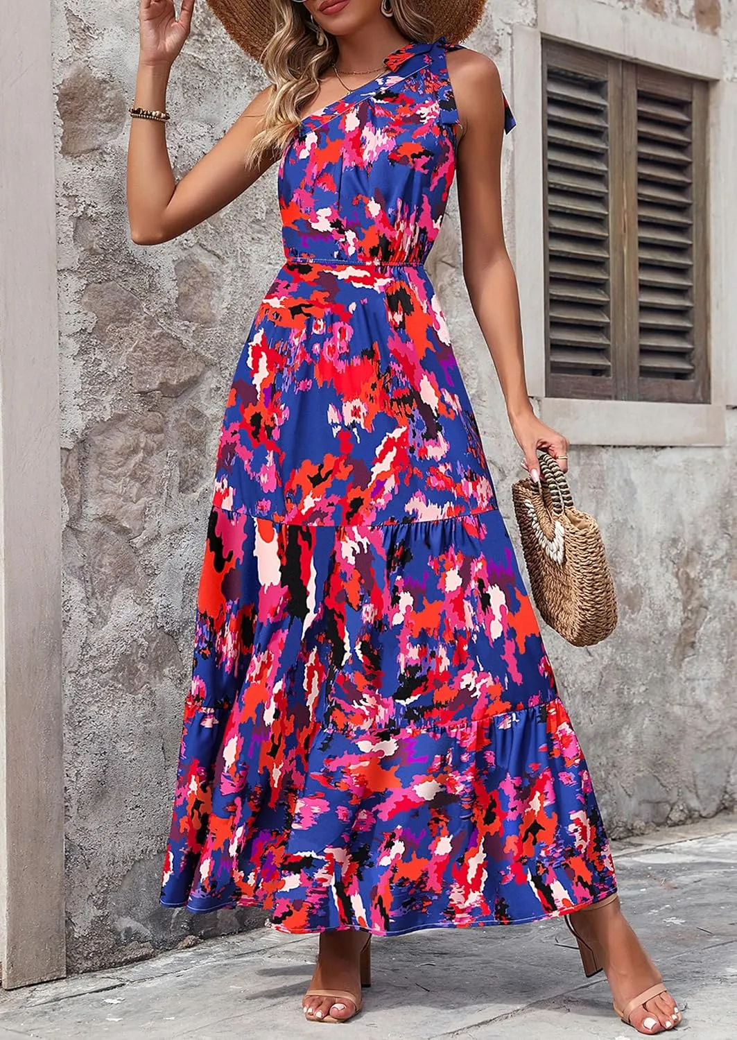 PRETTYGARDEN Women's Summer Floral One Shoulder Maxi Dress Knot Ruffle Boho Beach Vacation Wedding Guest Long Dresses