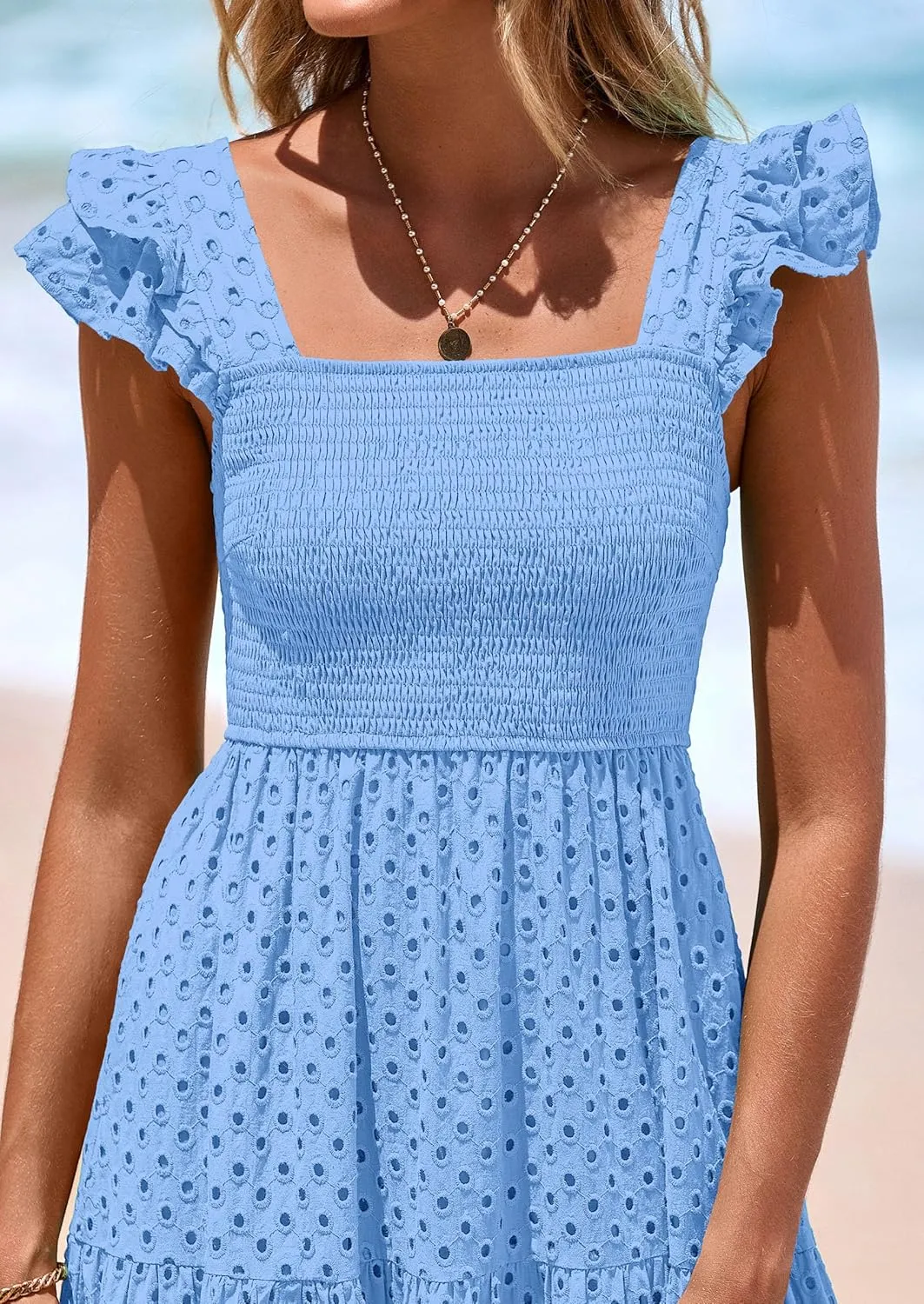 PRETTYGARDEN Womens Summer Square Neck Maxi Dresses Cap Sleeve Eyelet Smocked Tiered A Line Flowy Long Dress with Pockets