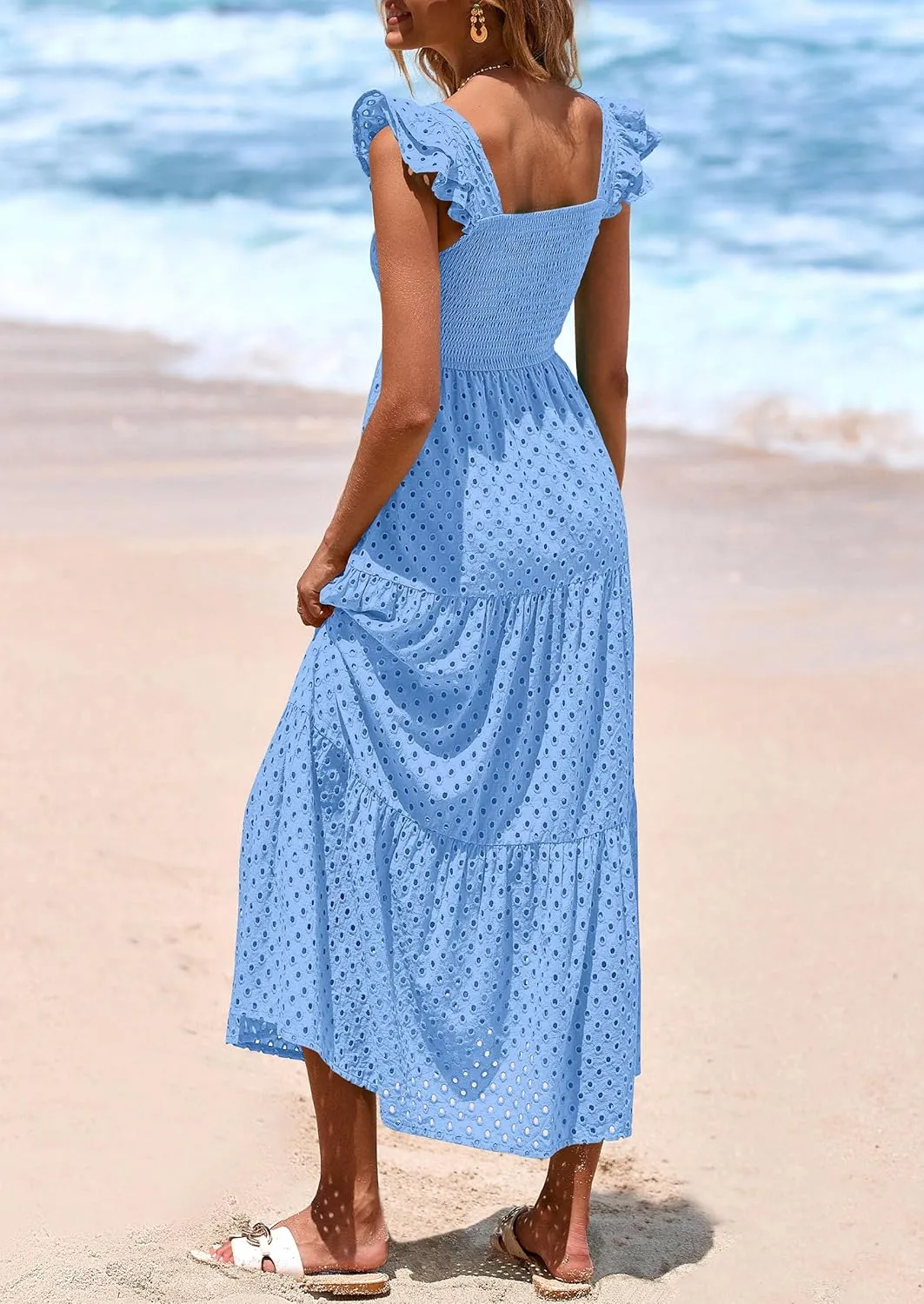 PRETTYGARDEN Womens Summer Square Neck Maxi Dresses Cap Sleeve Eyelet Smocked Tiered A Line Flowy Long Dress with Pockets