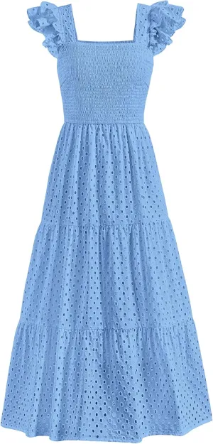 PRETTYGARDEN Womens Summer Square Neck Maxi Dresses Cap Sleeve Eyelet Smocked Tiered A Line Flowy Long Dress with Pockets