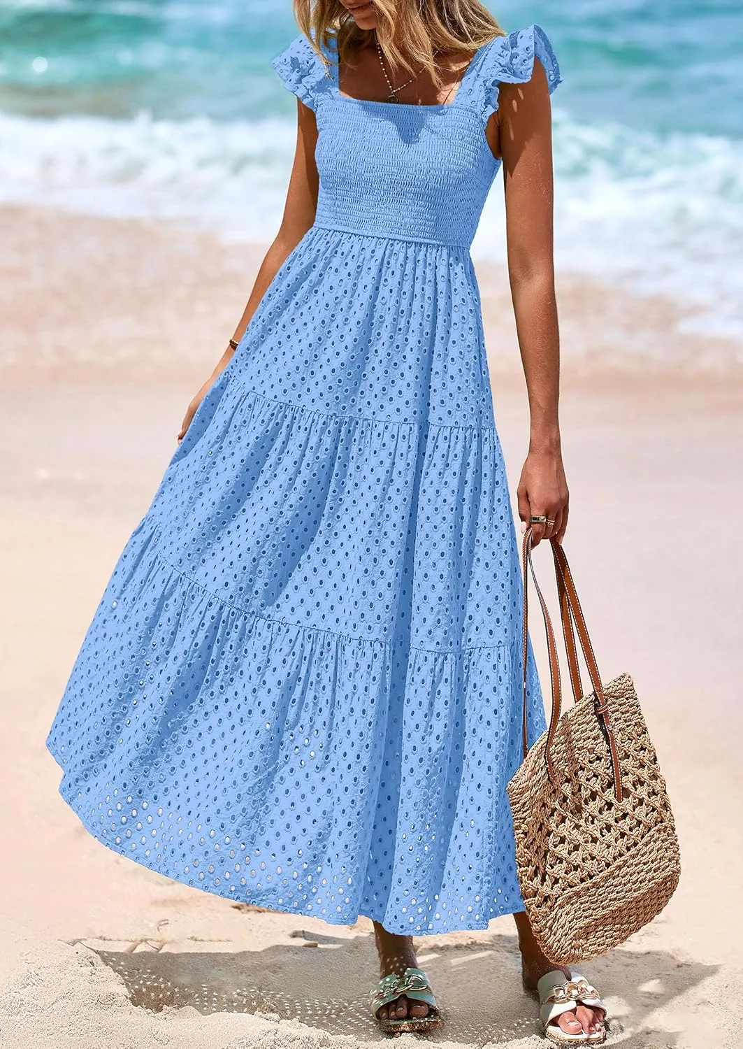 PRETTYGARDEN Womens Summer Square Neck Maxi Dresses Cap Sleeve Eyelet Smocked Tiered A Line Flowy Long Dress with Pockets