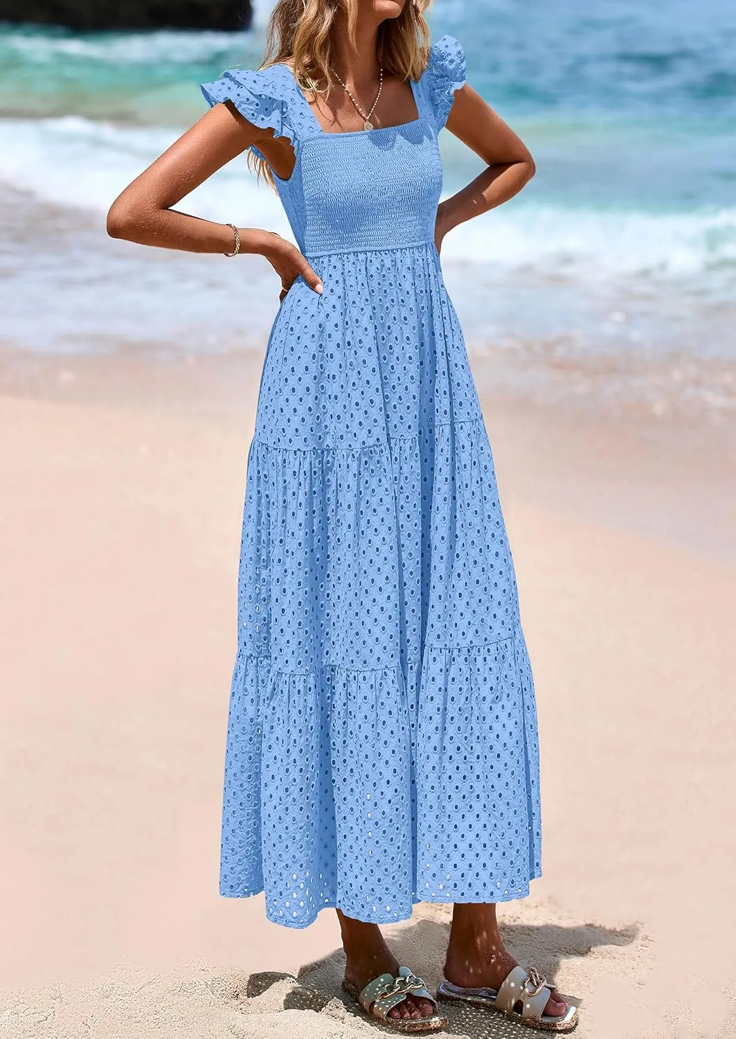 PRETTYGARDEN Womens Summer Square Neck Maxi Dresses Cap Sleeve Eyelet Smocked Tiered A Line Flowy Long Dress with Pockets
