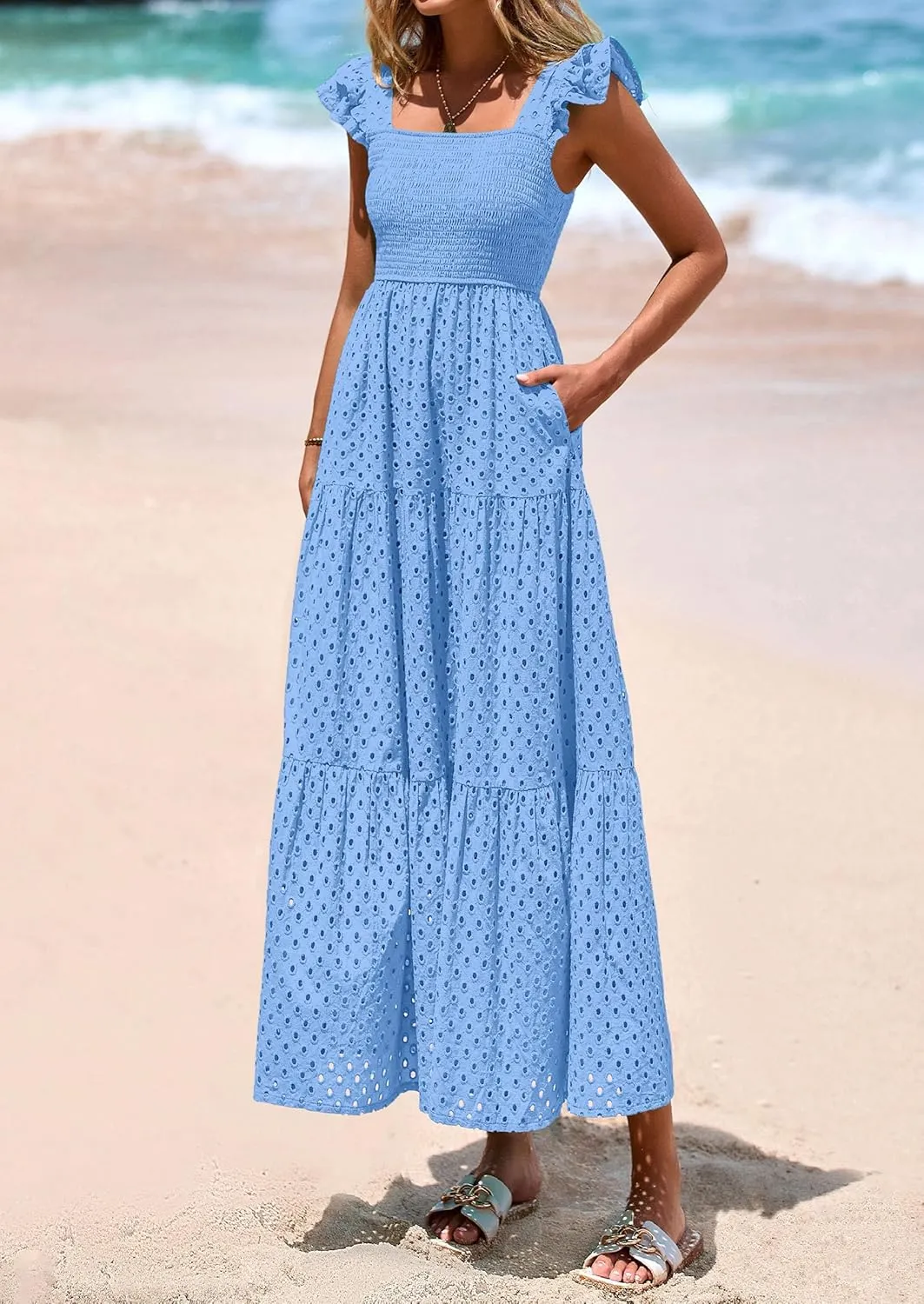 PRETTYGARDEN Womens Summer Square Neck Maxi Dresses Cap Sleeve Eyelet Smocked Tiered A Line Flowy Long Dress with Pockets