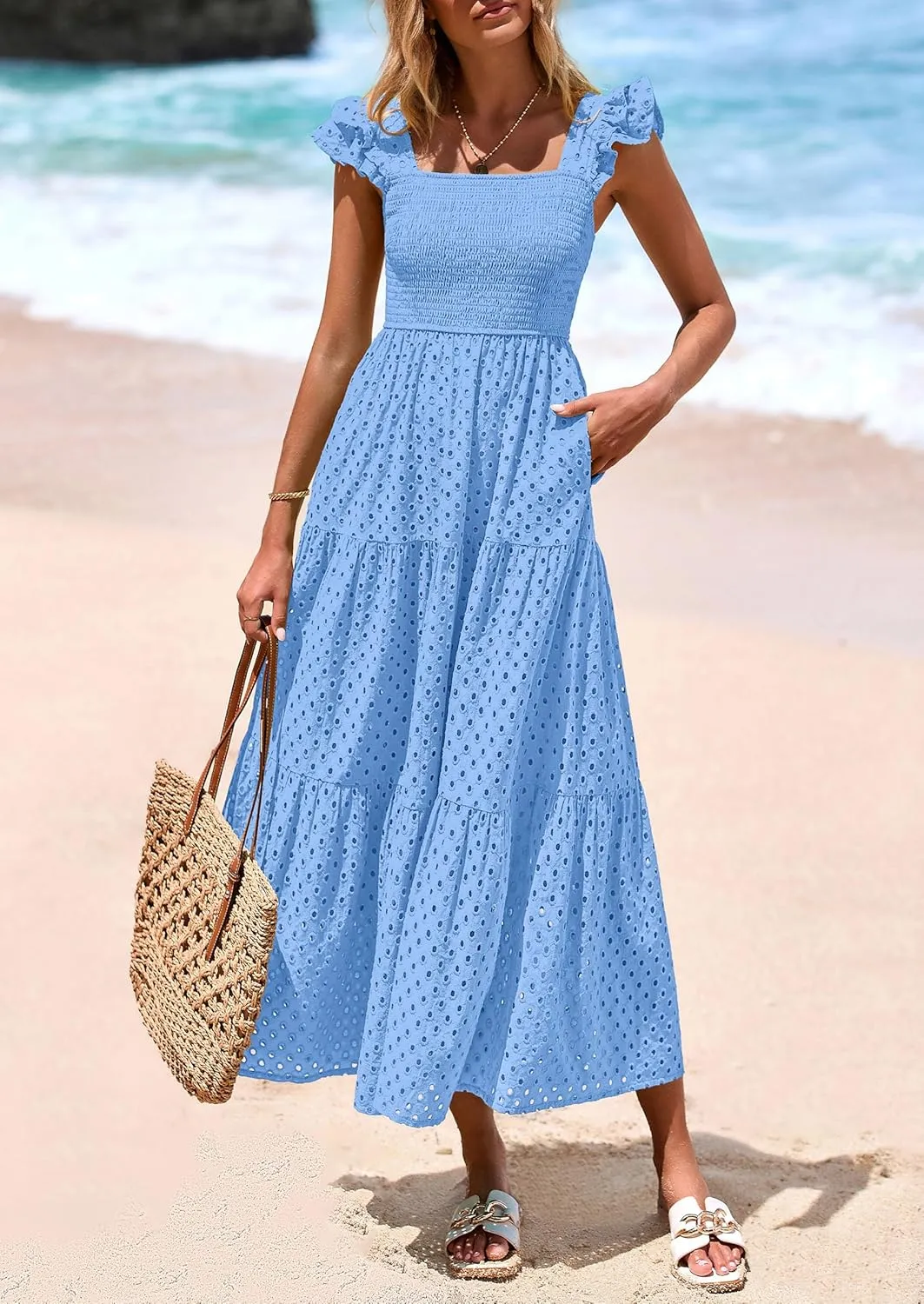 PRETTYGARDEN Womens Summer Square Neck Maxi Dresses Cap Sleeve Eyelet Smocked Tiered A Line Flowy Long Dress with Pockets