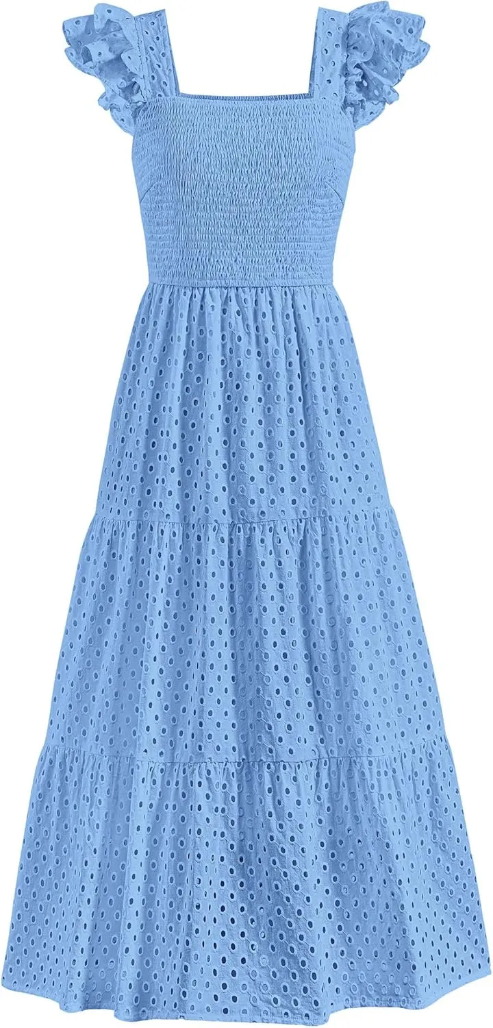 PRETTYGARDEN Womens Summer Square Neck Maxi Dresses Cap Sleeve Eyelet Smocked Tiered A Line Flowy Long Dress with Pockets