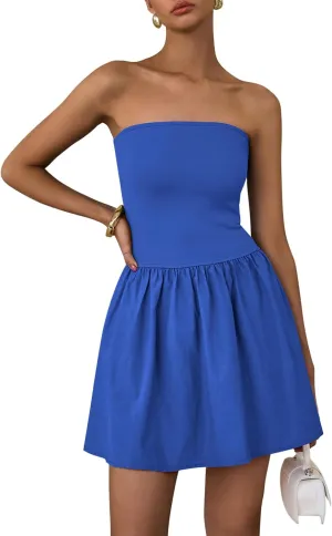 PRETTYGARDEN Women's Summer Strapless Mini Party Dress 2025 Casual Tube Top Ruffle A Line Short Patchwork Sundresses