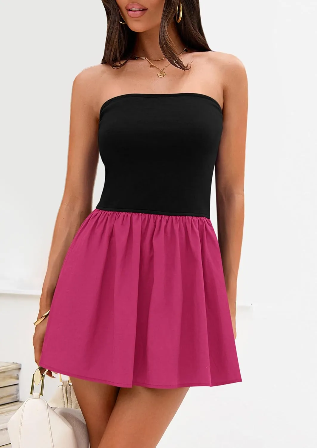 PRETTYGARDEN Women's Summer Strapless Mini Party Dress 2025 Casual Tube Top Ruffle A Line Short Patchwork Sundresses